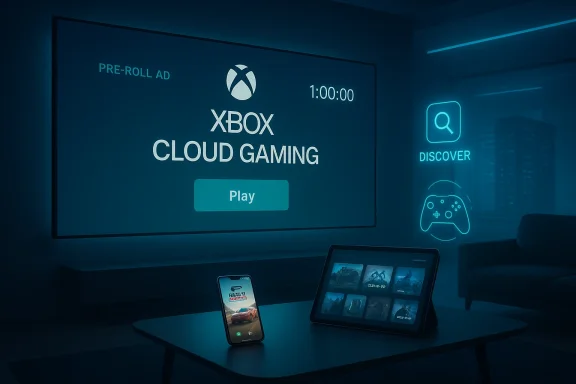 A living room displays an Xbox Cloud Gaming ad on a large screen alongside a neon Discover sign.