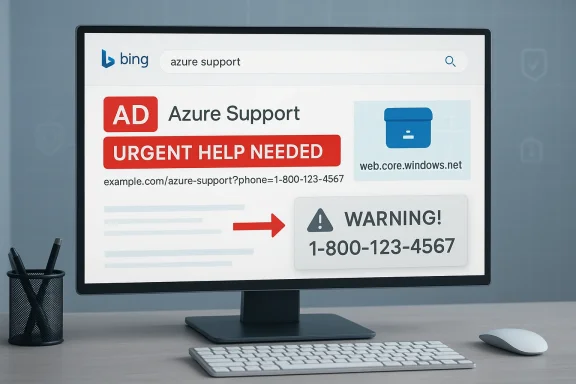 Phishing scam: fake Azure Support ad on screen urging to call 1-800-123-4567.