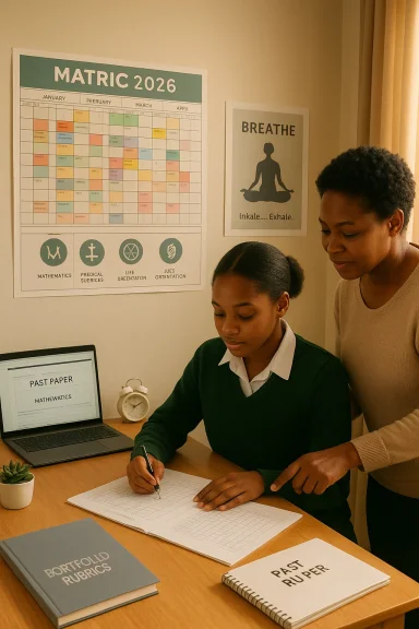 Teacher guides a student as they work on math past papers at a study desk.