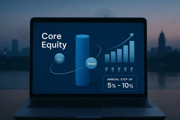 Laptop screen displays a blue Core Equity infographic with mid/small allocations and rising bars.