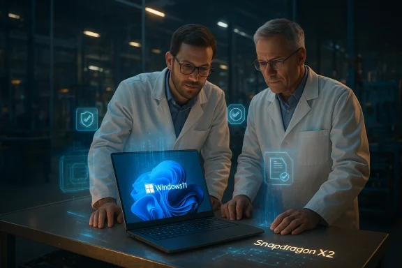 Two scientists in lab coats study a Windows 11 laptop with a holographic UI in a high-tech lab. Two scientists in lab coats study a Windows 11 laptop with a holographic UI in a high-tech lab.