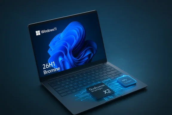 Windows 11 laptop with glowing Qualcomm Snapdragon X2 and NPU chips on the keyboard.