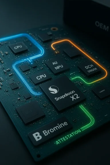 Close-up of a Snapdragon X2 chip on a motherboard, outlined by glowing blue, orange and green traces. Close-up of a Snapdragon X2 chip on a motherboard, outlined by glowing blue, orange and green traces.