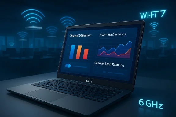 Intel laptop displaying Wi‑Fi 7 channel utilization and roaming charts in a 6 GHz lab. Intel laptop displaying Wi‑Fi 7 channel utilization and roaming charts in a 6 GHz lab.