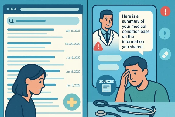 Two-panel illustration: a person reads medical reports while a doctor warns on a smartphone.