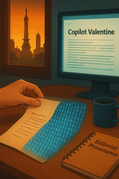 Hand reads a document with glowing binary text beside a monitor showing Copilot Valentine at sunset.