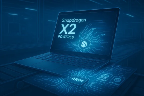 A laptop on a glowing circuit-board platform displays Snapdragon X2 powered with an ARM chip. A laptop on a glowing circuit-board platform displays Snapdragon X2 powered with an ARM chip.