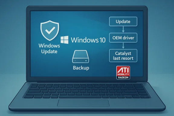 Laptop screen shows a Windows 10 update flowchart with backup and an ATI Mobility Radeon logo.