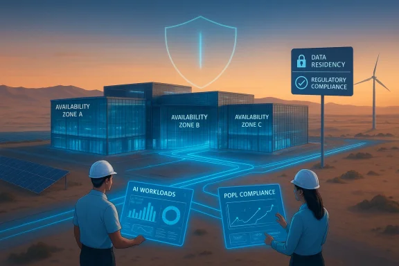 Futuristic desert data center with Availability Zones A–C and holographic compliance dashboards.