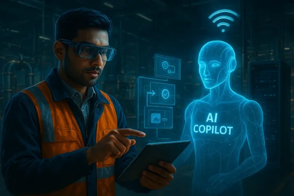 Industrial worker uses tablet to interact with a holographic AI Copilot.