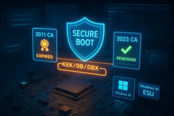 Neon Secure Boot shield over a motherboard, showing CA statuses: 2011 expired and 2023 renewing.