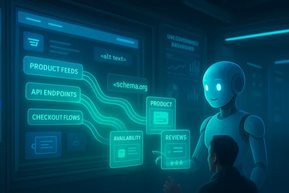 A friendly humanoid robot and a person interact with a glowing holographic dashboard of product data.