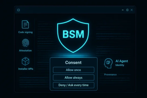 A futuristic security UI displays a BSM shield with a consent dialog: Allow once, Always, or Deny / Ask every time.