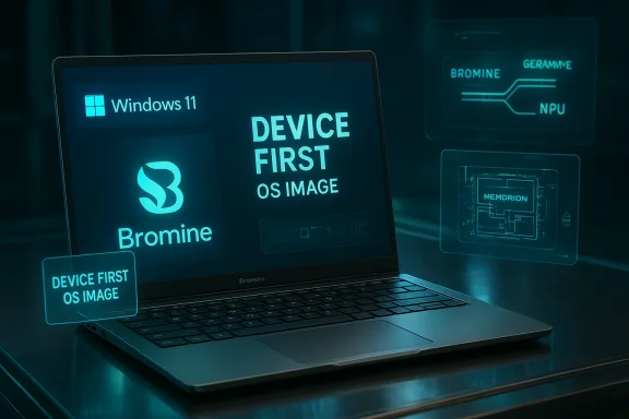Futuristic laptop shows Windows 11 Device First OS image with Bromine branding.