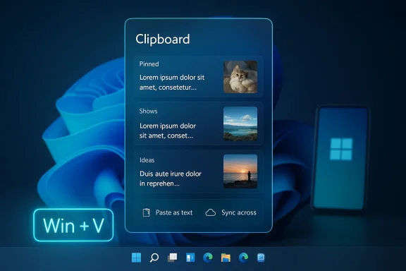 Blue Windows clipboard history panel with pinned items and a Win+V shortcut cue.