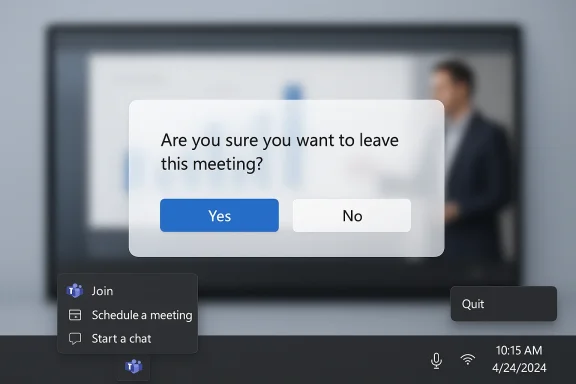 A video conference prompt asks if you’re sure you want to leave the meeting, with Yes and No options.