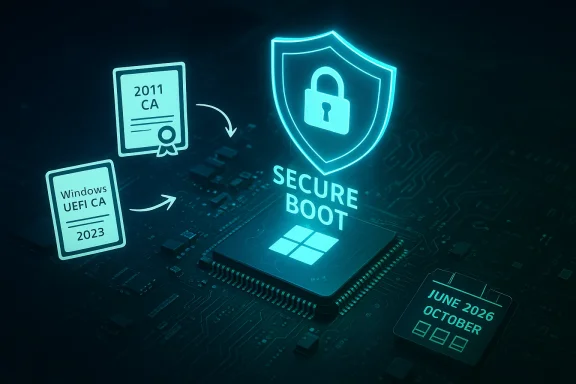 Neon Secure Boot shield glows above a Windows-themed circuit-board motherboard.