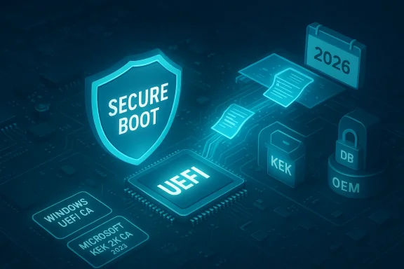 Blue-toned illustration of Secure Boot and UEFI security on a circuit board.