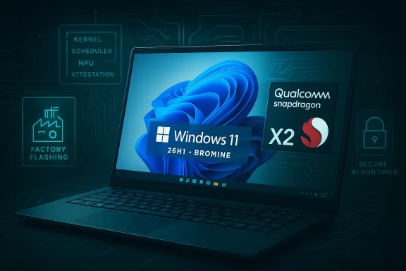 Laptop running Windows 11 on Qualcomm Snapdragon X2, highlighting AI and secure runtimes. Laptop running Windows 11 on Qualcomm Snapdragon X2, highlighting AI and secure runtimes.