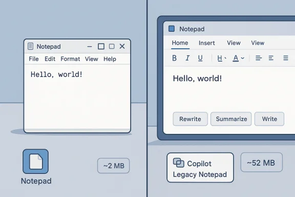 Split-screen comparison of classic Notepad and Copilot-enabled Notepad showing “Hello, world!”.