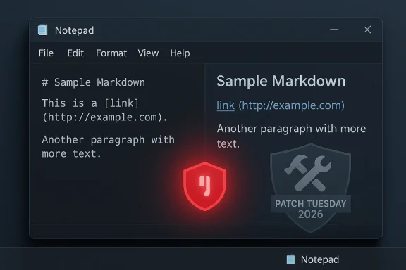 A dark Notepad window showing two-column Markdown samples, with a red glowing shield icon.