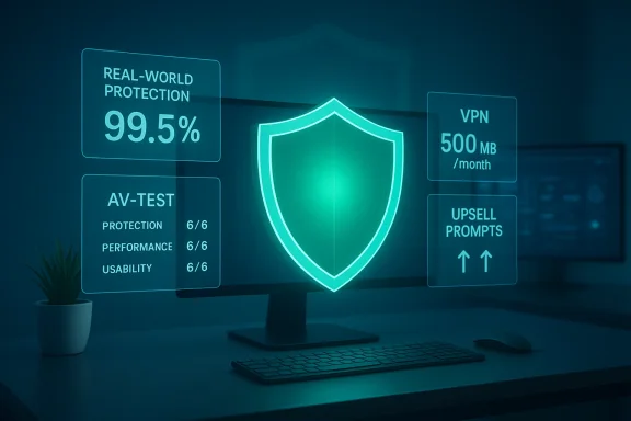 A computer monitor displays holographic security metrics and a glowing shield.