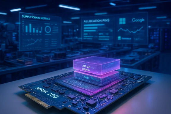A futuristic Maia 200 GPU board with glowing stacked memory blocks in a high-tech lab.