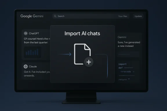 Dark Google Gemini UI on a monitor, showing an Import AI chats dialog.