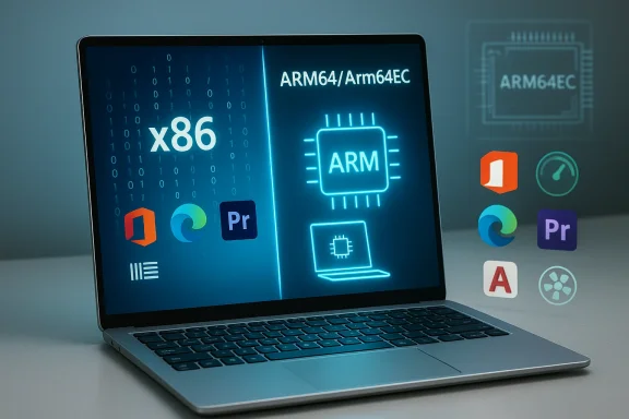 Laptop displays a split x86 vs ARM64EC comparison with various app icons.