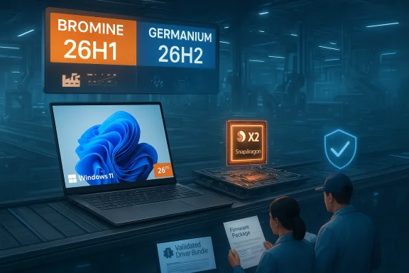 High-tech lab: a Windows 11 laptop, Snapdragon X2 chip, and engineers reviewing firmware packages.