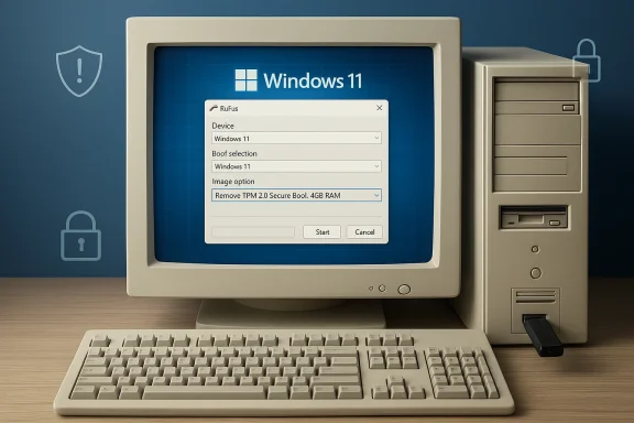 Retro beige desktop running Windows 11 shows a Rufus-style tool to remove TPM 2.0 Secure Boot.