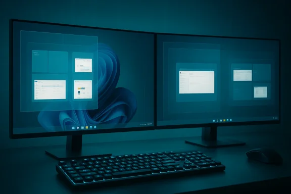 Dual-monitor computer setup with a keyboard and mouse on a blue-tinted desktop.
