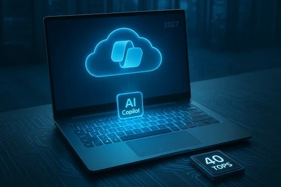 Blue neon cloud AI graphic on a laptop with an AI Copilot badge and a 40 TOPS chip.