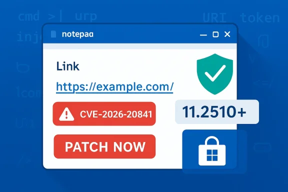 A notepad-style window flags CVE-2026-20841 with a 'PATCH NOW' prompt for a link. A notepad-style window flags CVE-2026-20841 with a 'PATCH NOW' prompt for a link.