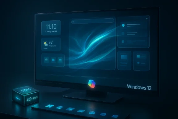 A futuristic Windows 12 desktop with holographic widgets and a glowing NPU cube.