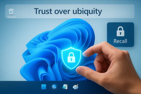 A hand places a glowing security shield on a blue abstract wallpaper reading 'Trust over ubiquity'.