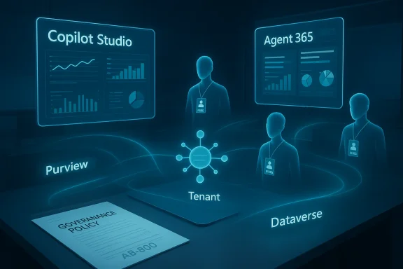 A futuristic data governance hub with holographic dashboards around a central tenant.