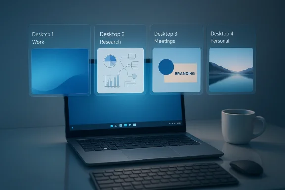 Laptop on a desk with floating desktops labeled Desktop 1–4: Work, Research, Meetings, Personal.