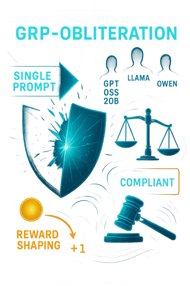 Neon infographic on GRP-OBLITERATION, showing a single prompt, compliance, and reward shaping.