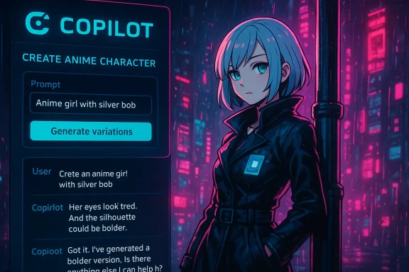 Neon cyberpunk city scene with a silver-bob anime girl beside a Copilot character-creation screen.