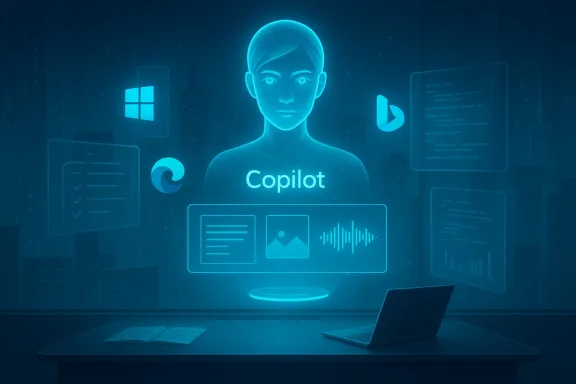 A blue holographic avatar labeled Copilot projects data panels above a desk with a laptop.