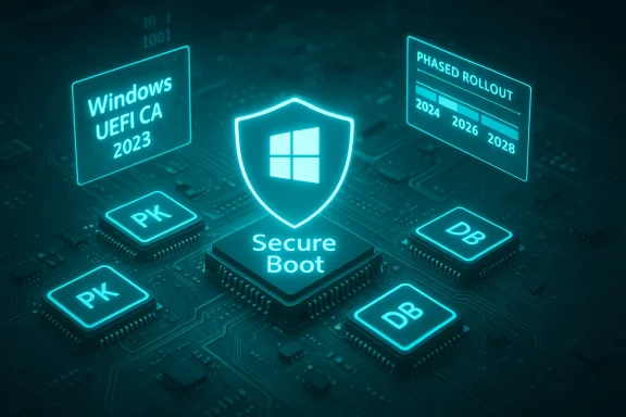 Glowing Secure Boot shield on a circuit board, flanked by Windows, PK, and DB icons.