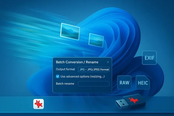 Windows 11 desktop showing a batch image conversion/rename dialog with RAW, JPG, and EXIF options.
