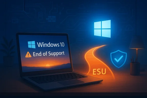 Laptop displays Windows 10 End of Support as an ESU road glows toward a shield and Windows logo.