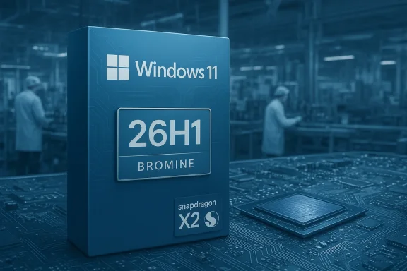 Windows 11 26H1 Bromine box on a circuit board with a Snapdragon X2 chip. Windows 11 26H1 Bromine box on a circuit board with a Snapdragon X2 chip.
