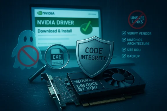Code integrity shield over an NVIDIA GeForce GT 1030 GPU, with a magnifying glass on an EXE file.