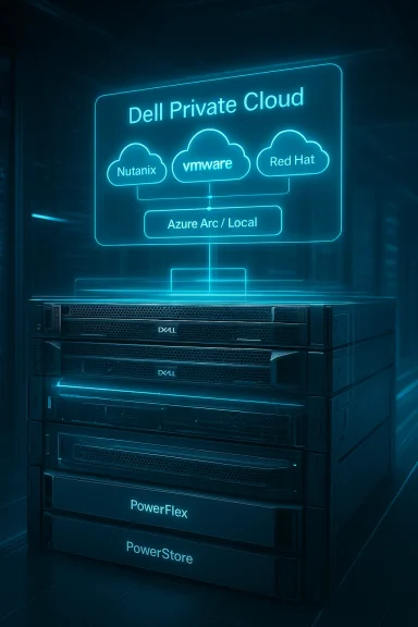 Dell Private Cloud rack lit in neon with Nutanix, VMware, Red Hat, and Azure Arc.