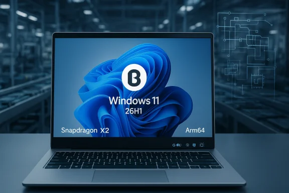 A laptop displays Windows 11 with Snapdragon X2 and Arm64 in a blue, industrial setting. A laptop displays Windows 11 with Snapdragon X2 and Arm64 in a blue, industrial setting.