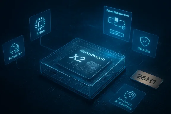 Snapdragon X2 chip shown with floating holographic icons for kernel, scheduler, power management, and security. Snapdragon X2 chip shown with floating holographic icons for kernel, scheduler, power management, and security.