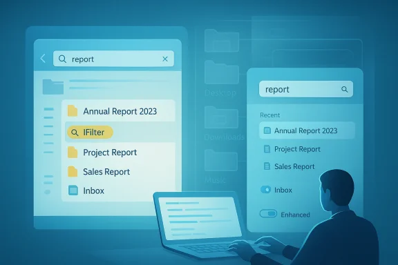 A person at a laptop searches 'report' across folders like Annual, Project, and Sales Reports on large screens.